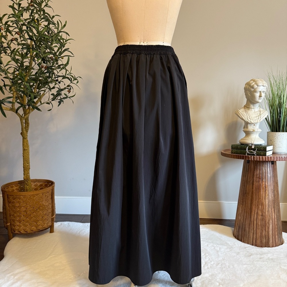 Zara Black Long Full Maxi Skirt Elastic Waist Pockets Taffeta Minimal S - Picture 5 of 12